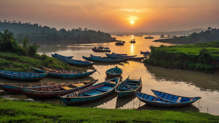 Fishing boats on the river at sunset.の写真素材