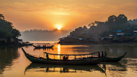Fishermen in the boat on the river at sunrise in the morning.の写真素材
