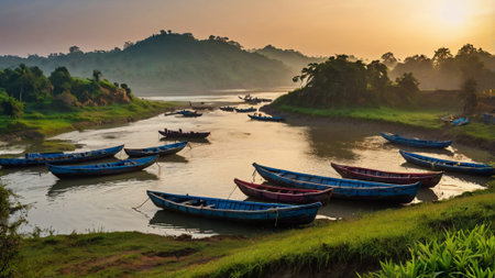 Fishing boats on the river at sunset.