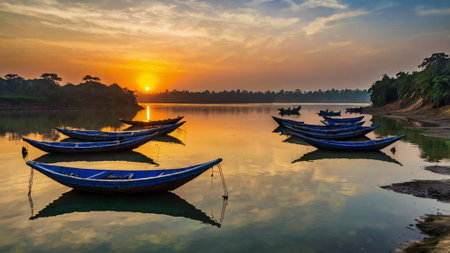 Fishing boats on the lake at sunset, Goa, Indiaの写真素材