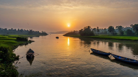 Sunset on the river in the countryside of the Mekong Delta, Vietnamの写真素材