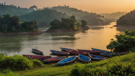 Fishing boats on the river at sunrise.の写真素材