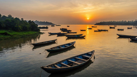 Fishing boats on the river at sunset, Kolkata, West Bengal, Indiaの写真素材
