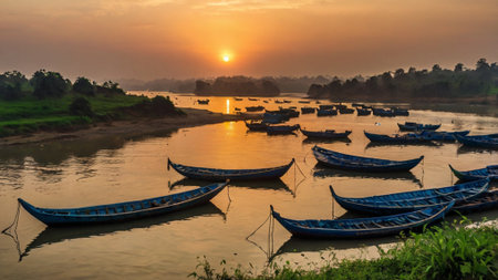 Fishing boats on the river at sunset.の写真素材