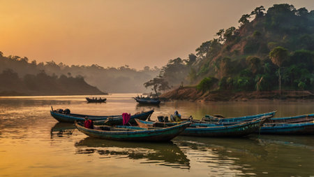 Fishing boats on the river at sunrise, Goa, Indiaの写真素材