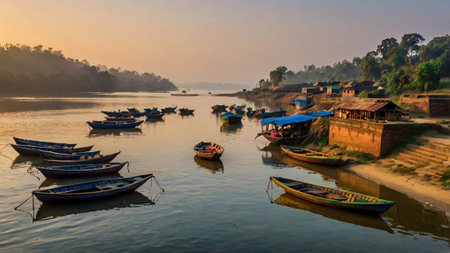 Fishing boats on the bank of a riverの写真素材