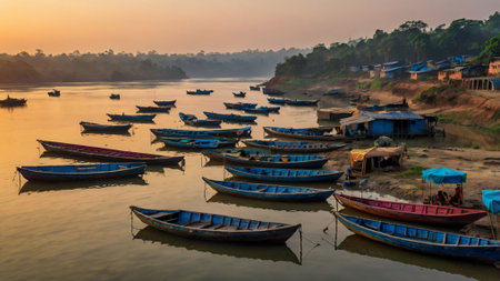 Fishing boats on the river at sunsetの写真素材