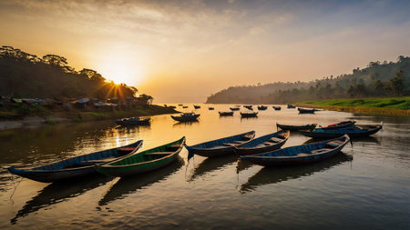 Fishing boats on the river at sunset, Goa, Indiaの写真素材