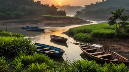 Fishing boats on the river in the morning at sunrise, Thailandの写真素材