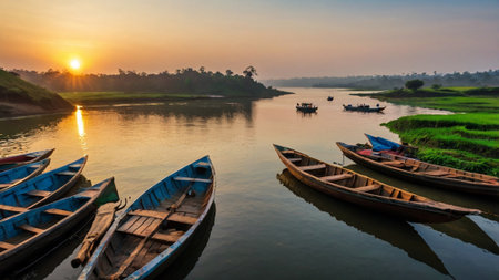 Fishing boats on a river in the morningの写真素材