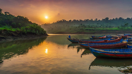 Fishing boats on the bank of the river at sunriseの写真素材