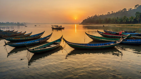 Fishing boats on the banks of the river at sunrise, Indiaの写真素材