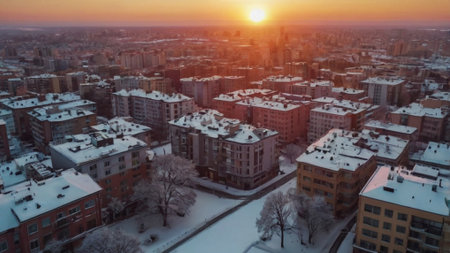 Aerial view of the city at sunset. Beautiful winter landscape.の写真素材