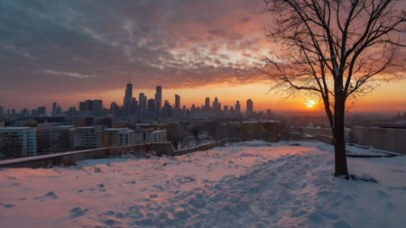 Panorama of the city at sunset. Beautiful winter landscape.の写真素材