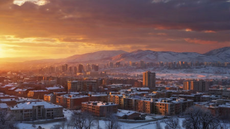 Panorama of the city in the winter. Sunset over the city.の写真素材