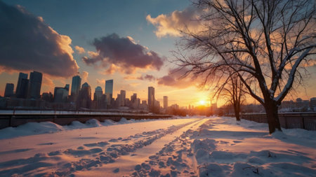 Sunset in Chicago, Illinois, USA. Beautiful winter panorama.の写真素材