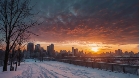 Panoramic view of the city at sunset. Winter landscape.の写真素材