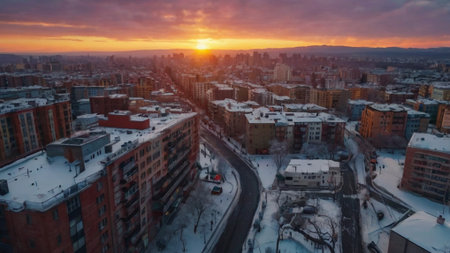Aerial view of the city of Kiev, Ukraine during sunset.の写真素材