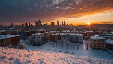Panoramic view of the city of Kiev during a winter sunsetの写真素材