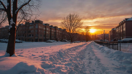 Sunset in the city of Orenburg in winter, Russiaの写真素材
