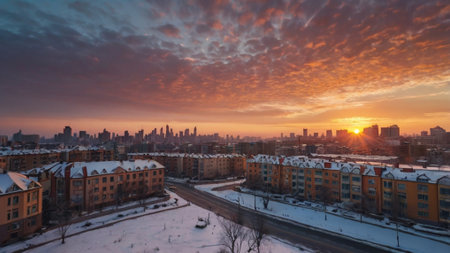 Panoramic view of a city during sunsetの写真素材