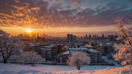 Beautiful winter landscape with snow covered city and skyscrapers at sunsetの写真素材