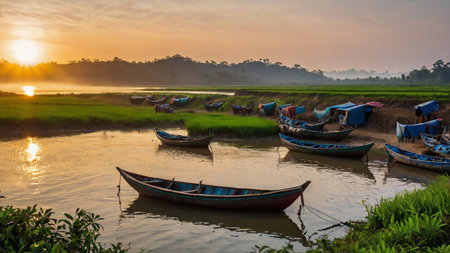 Fishing boats at the paddy field in the early morning.の写真素材