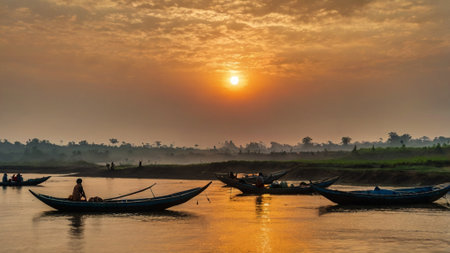 Fishermen at sunrise on the Mekong river in Laos.の写真素材