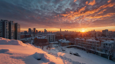 Beautiful winter sunset over the city. Panoramic image.の写真素材