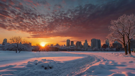 Beautiful winter sunset in a cityscape.の写真素材