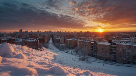 Winter cityscape at sunset. Panoramic view of the city.