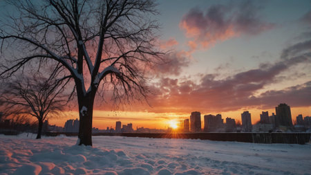 Winter sunset in the city. Beautiful winter landscape with a tree in the foreground.の写真素材