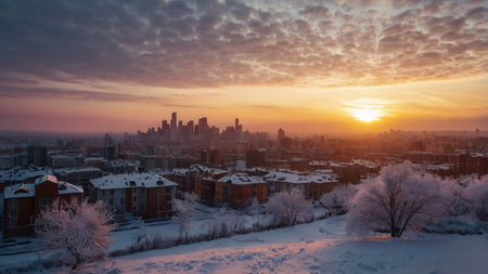 Beautiful winter sunrise over the city. Panoramic view.の写真素材