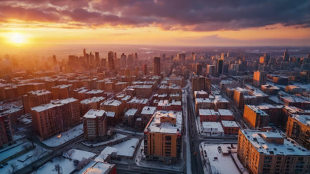 Aerial view of city at sunset. Panoramic view.の写真素材