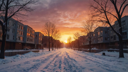 Sunset on the streets of the city in winter, Moscow, Russiaの写真素材