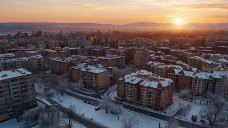 Aerial view of the city of Sofia at sunset, Bulgariaの写真素材