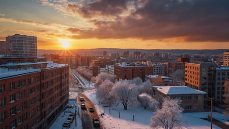 Aerial view of the city of Orenburg at sunset, Russiaの写真素材