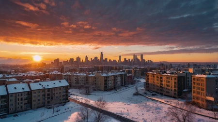 Panoramic view of the city at sunsetの写真素材
