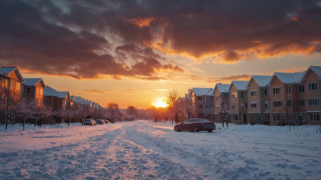 Sunset over a residential area in winter with snow covered houses.の写真素材