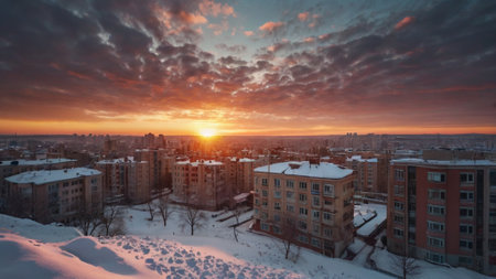 Sunset over the city in winter. Panoramic view.の写真素材
