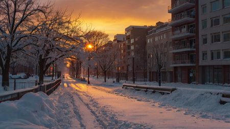 Snowy street in the city at sunset. Winter cityscape.の写真素材