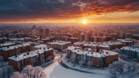 Aerial view of a city during a beautiful winter sunset.の写真素材