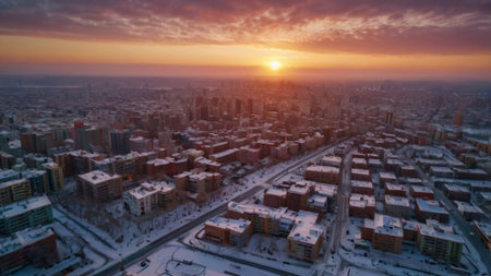 Aerial view of city at sunset. Beautiful winter panorama.の写真素材