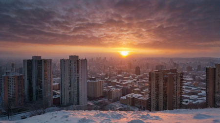 Aerial view of the city at sunset in winter.の写真素材