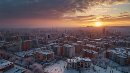 Aerial view of a city at sunset.の写真素材