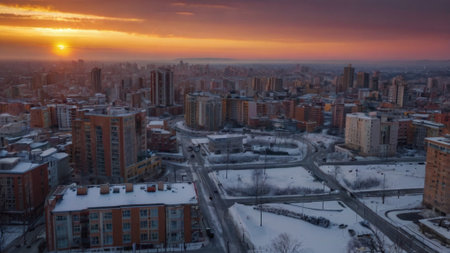 Aerial view of the city of Minsk at sunset, Belarusの写真素材