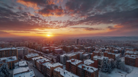 Aerial view of the city at sunset in winter, Moscow, Russiaの写真素材