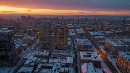 Aerial view of the city at sunset.の写真素材