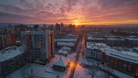 Aerial view of a winter cityscape with snow covered buildings at sunsetの写真素材