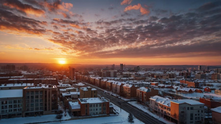 Aerial view of the city of Nizhny Novgorod at sunsetの写真素材